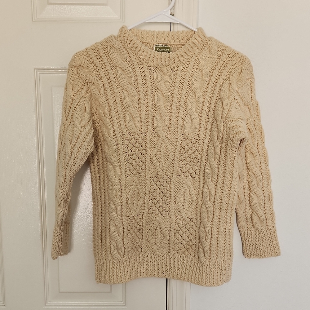 Kennedy Of Ardara 100% Pure New Wool Cable Knit Cream Sweater Size Small
